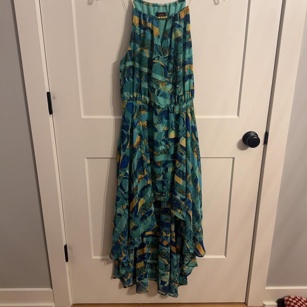 Mark. Dress Juniors S Green Chiffon Hi Low Maxi Beaded Sundress Geometric Boho